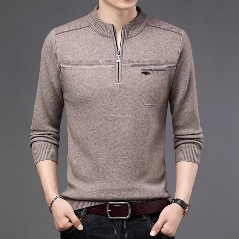 2023 Autumn and Winter New Men's Fashion Casual Solid Color Pullover Sweater Round Neck Zipper Warm Knit Sweater