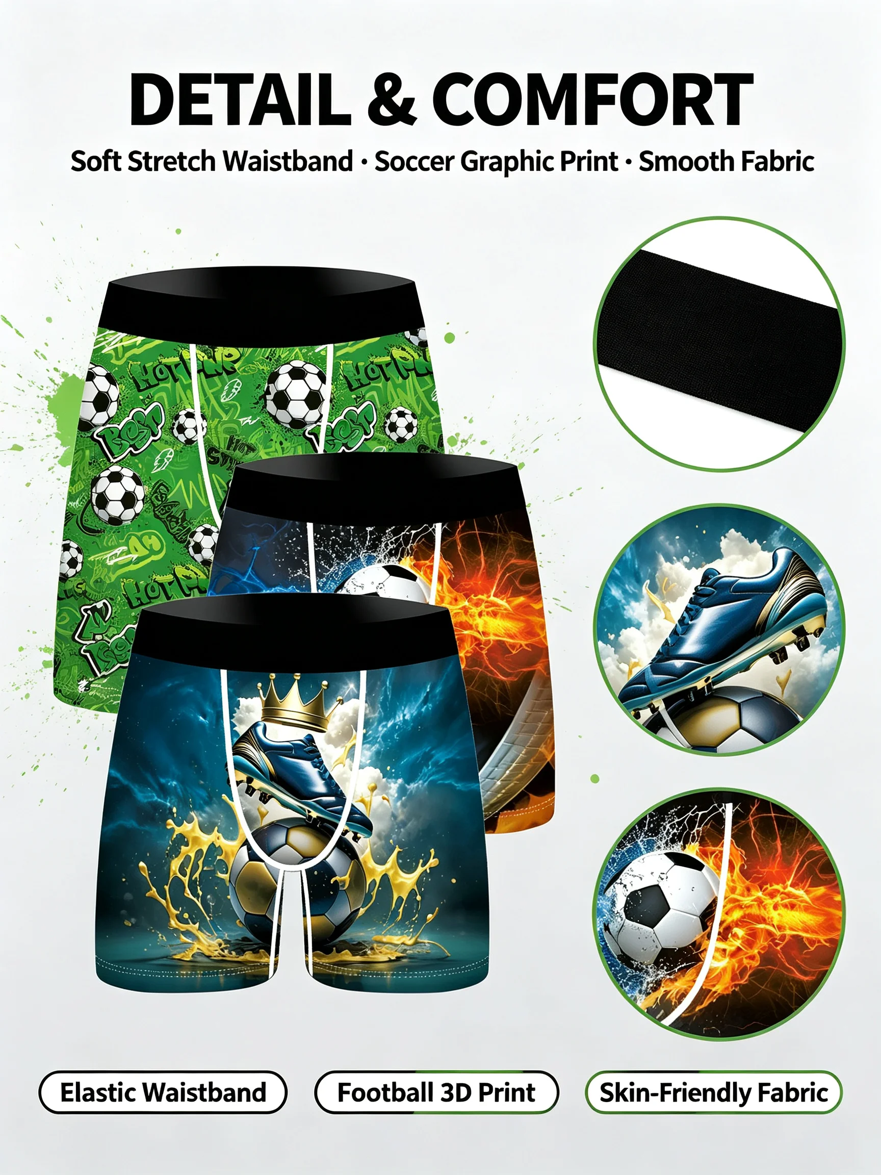 3Pcs Men Boxer Briefs Soccer Football 3D Print Underwear Soft Stretch Male Underpants Novelty Sports Gift Boxer Shorts
