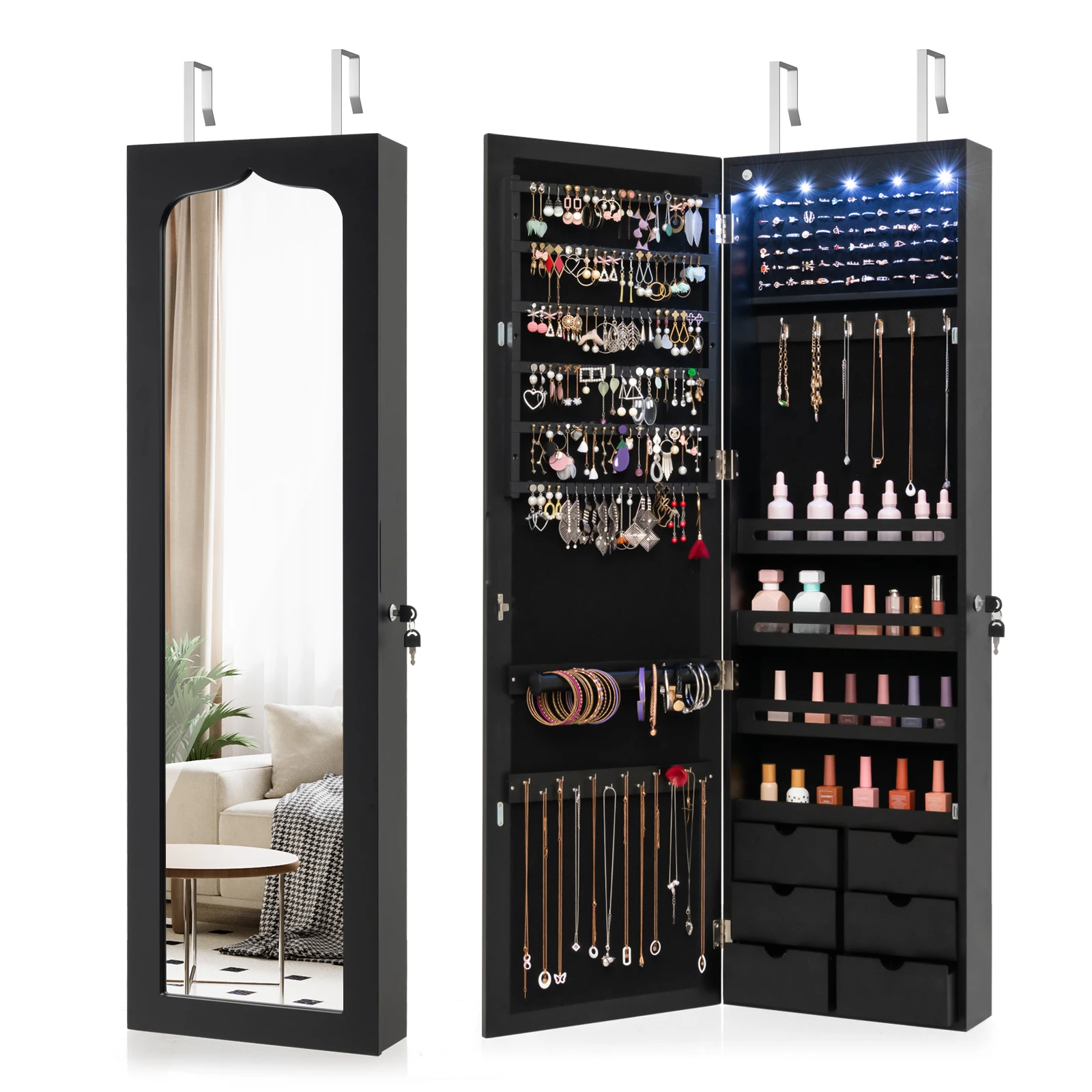 Wall Door Mounted LED Mirror Jewelry Cabinet Lockable Armoire w/6 Drawers Black