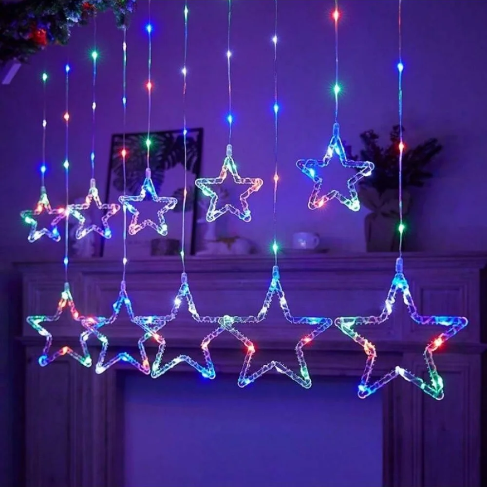 USB Powered Christmas LED Star Curtain String Lights, Window Fairy Lights, Hanging Lights for Wedding Bedroom Home Wall Decor