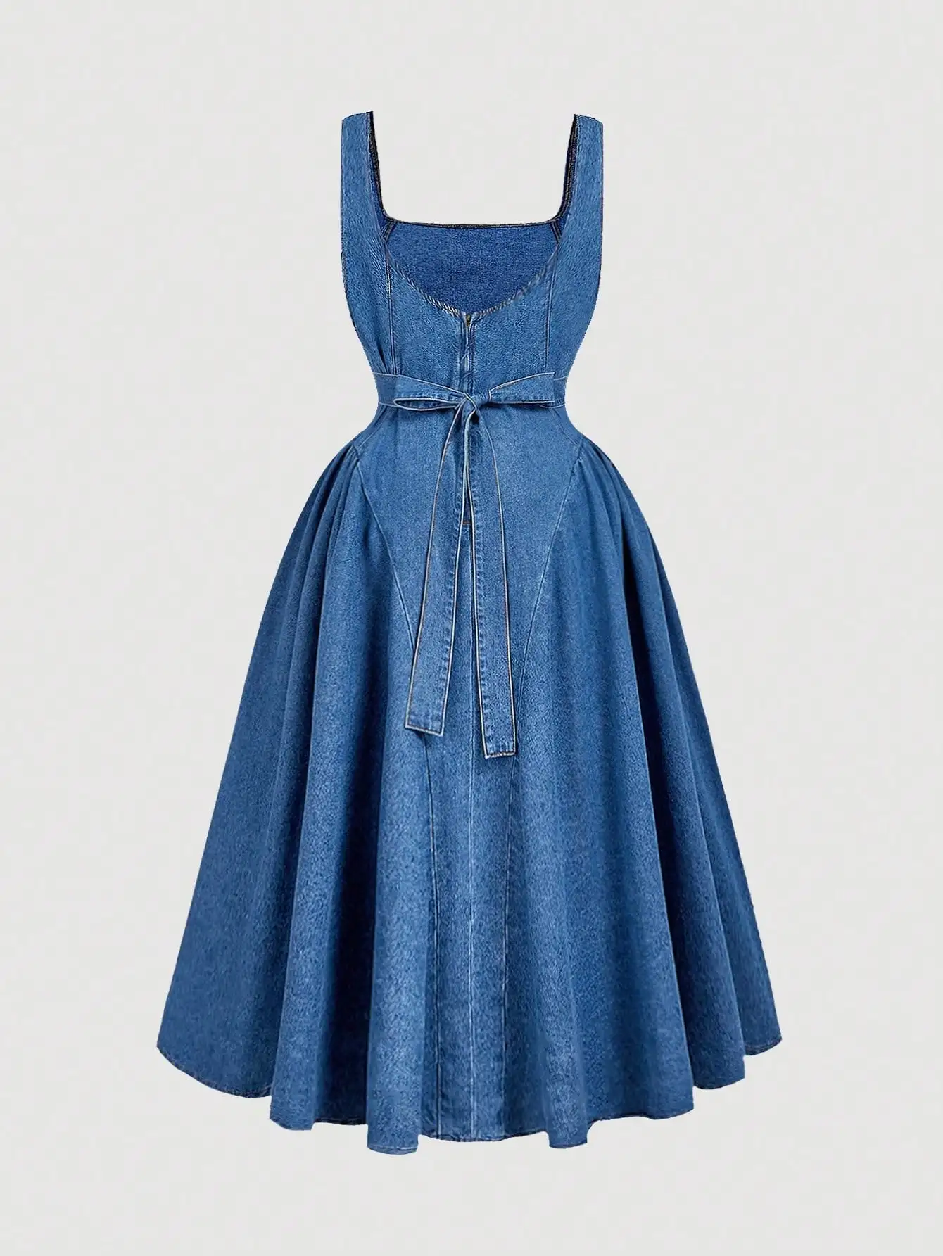 

Джинсовое платье А-силуэта без рукавов с квадратным вырезом и поясом