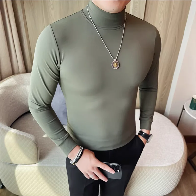 

Осень-зима, мужские футболки с высоким воротником и длинными рукавами, однотонные облегающие повседневные теплые топы, футболка, мужская одежда 4XL-M