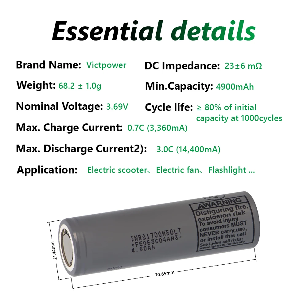 Victpower Hot Selling Original 21700 M50LT Liquid Battery 3.7V 5000Mah Battery Cell with LiCoO2 Cathode and 800 Cycles INR21700