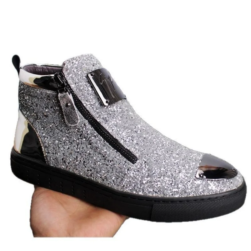 

2026 Men's British Style Glitter High Top Ankle Boots Shiny Sequined Casual Shoes For Hairstylists & Nightclub Wear