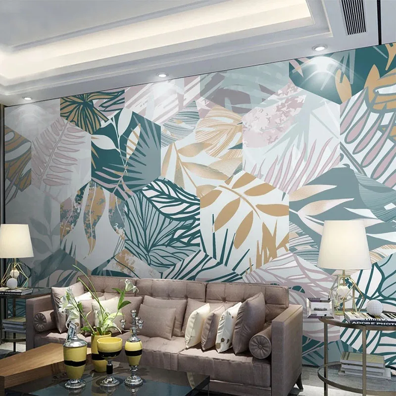 Custom Mural Wallpaper Nordic Tropical Plant Leaf 3D Geometric Line Fresco Living Room TV Background Wall Mural Papel De Parede
