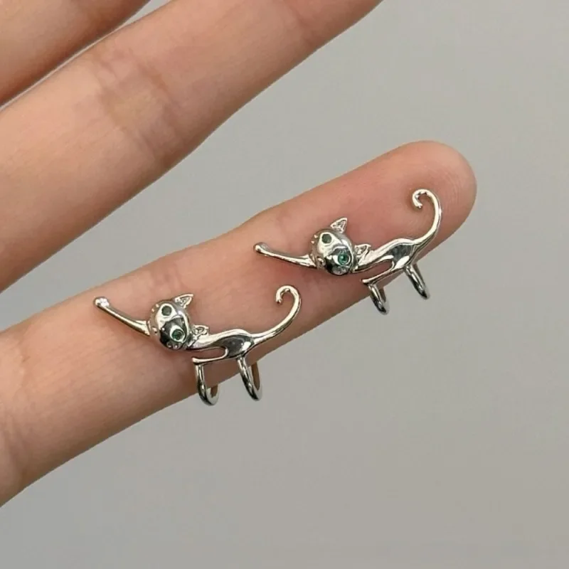 Cute Green Eye Cat Ear Clips 1/2Pcs Women Funny Creative Animal Kitten Clip Earring Without Piercing Ear Cuff Girl Charm Jewelry