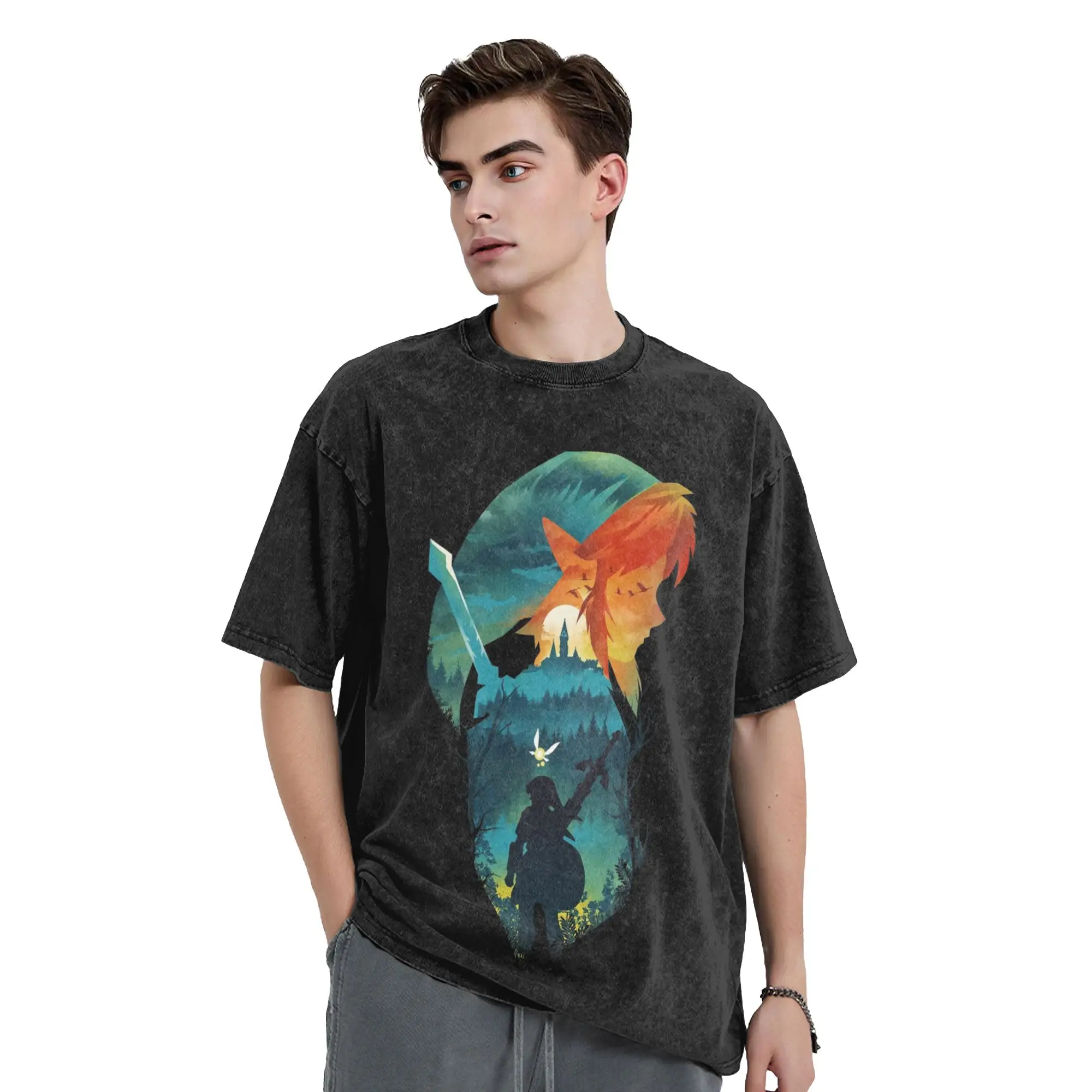 Zeldas Legend Link Washed T Shirt Streetwear Fashion T-Shirts Game Anime Tee Shirt for Men Women Short Sleeve Street Summer
