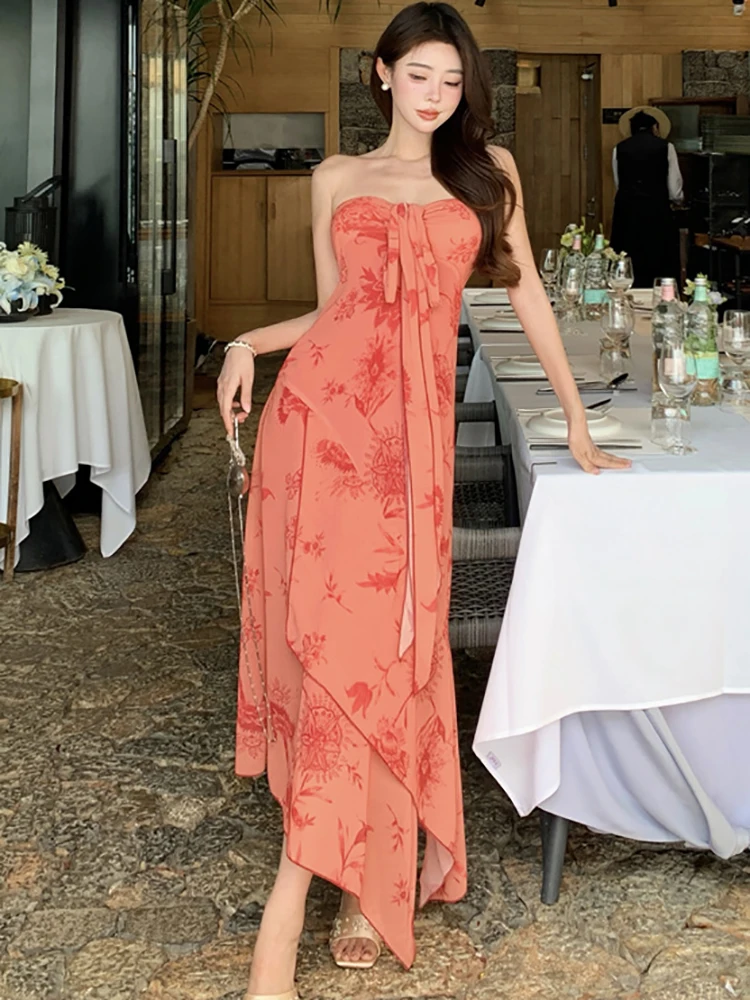 ฤดูร้อนดอกไม้สีแดง Chic Bow หน้าอกห่อชุดยาวเซ็กซี่ผู้หญิงสบายๆชุด 2025 เกาหลี Elegant Bodycon พรหมชุด