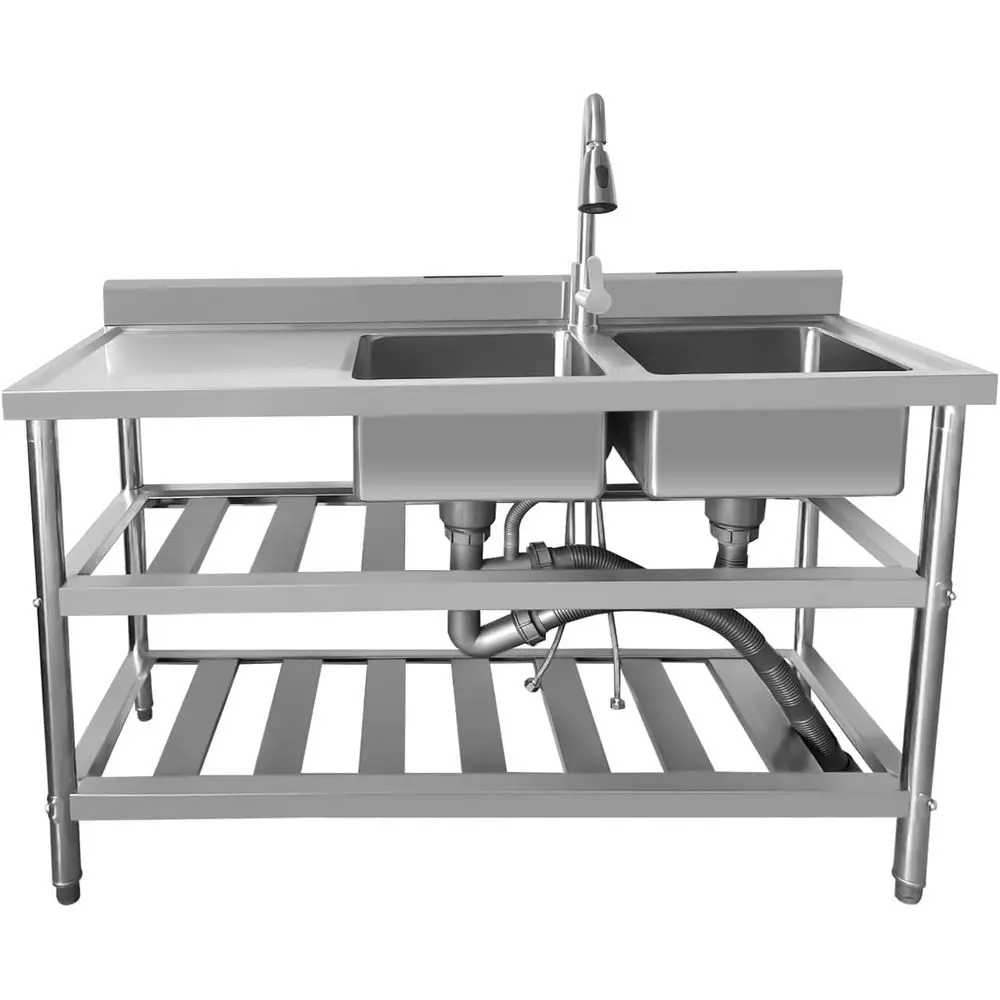 

47in Dual-Compartment Stainless Steel Utility Sink with Pull-out Faucet and Workbench for Commercial Kitchens and Outdoor Use