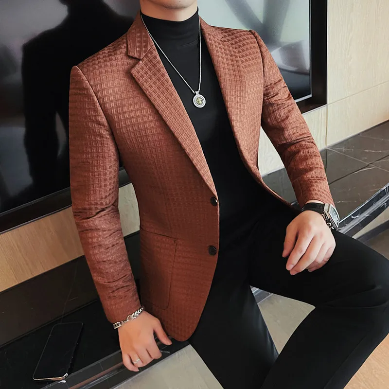 Brand Plaid Suit Jacket Men's Autumn Winter Korean Version Slim Fit Casual Business Blazers Social Wedding Groom Dress Coats