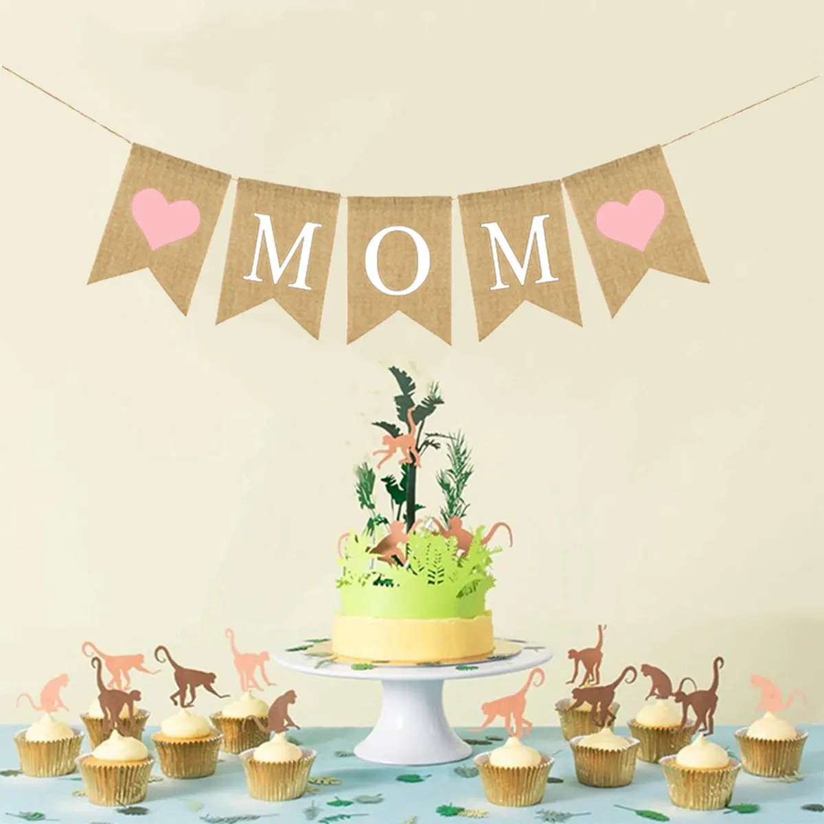 Pink Heart Mom Letters Bunting Banner Linen Burlap Swallowtail Pull Flag Mothers Day Decor Party Supplies Indoor Outdoor