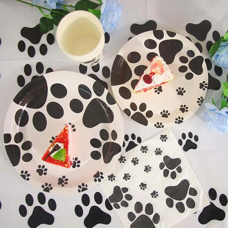 Black Dog Paw Prints Disposable Tableware Set Puppy Themed Paper Plates Cups Napkins Pennants Baby Shower Birthday Party Decor