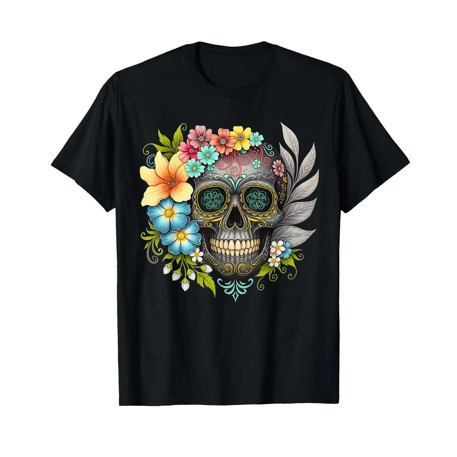 Colorful Skull Design with Flowers and Feathers Vibrant T Shirt vintage Washed Versatile Unisex graphic streetwear Soft Casual