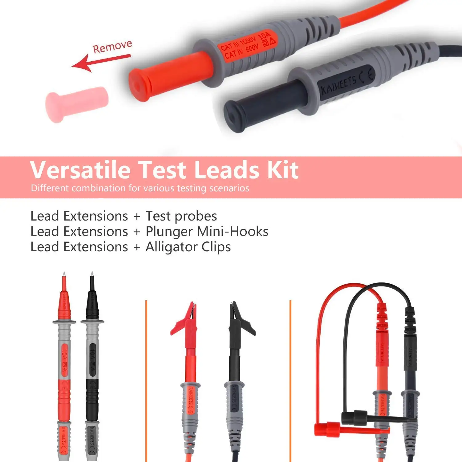 BSIDE K1 Universal Digital Multimeter Probe Needle 10A  Test Lead Safety Silicone Wire Meter Accessories with Crocodile Clip