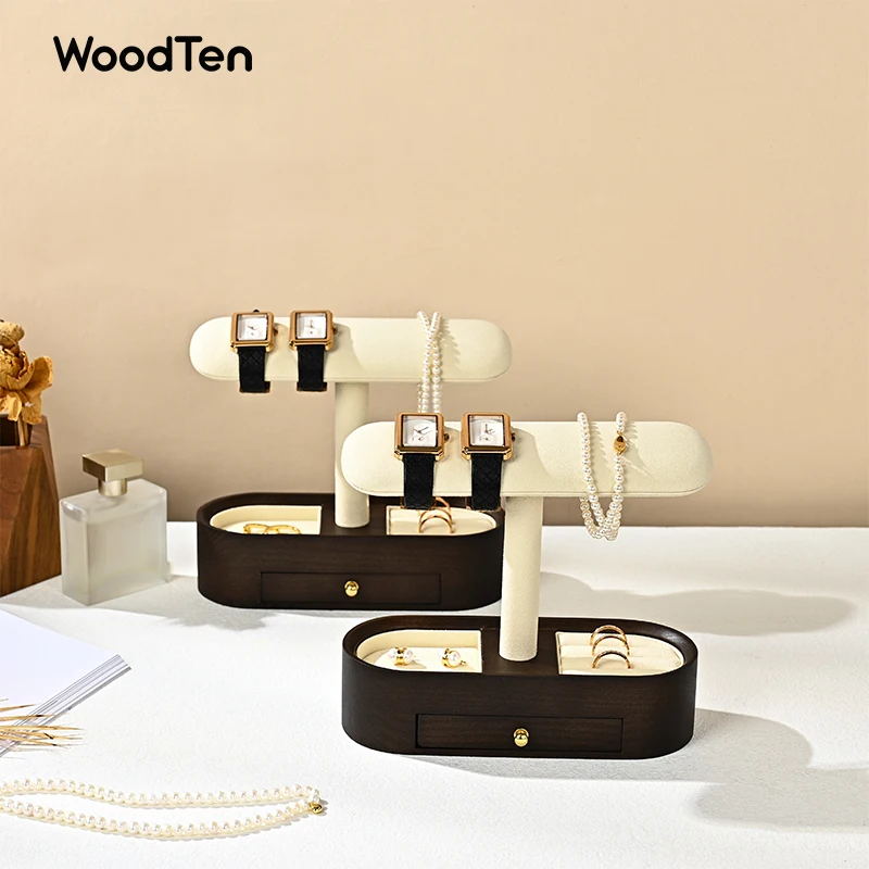 حامل عرض ساعة من الخشب الصلب من WoodTen مع أدراج وقلادة مزدوجة الطبقات وقلادة وسوار منظم وحامل سوار المجوهرات #4