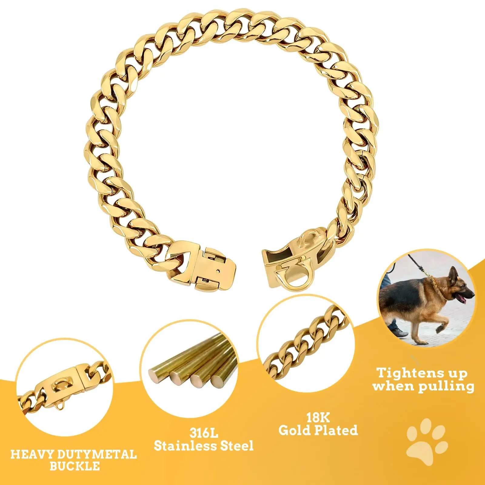 

14mm Gold Chain Dog Collar Luxurious Sliver Gold Cuban Link Dog Collar with Secure Snap Buckle for Medium and Large Pit Bulls