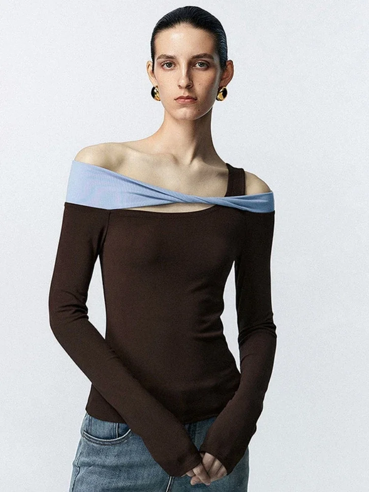 

Color Blocking T Shirts For Women Aesthetic Clothes Single Shoulder Crop Top Long Sleeve Y2k Accessories Slim Fit Ropa De Mujer