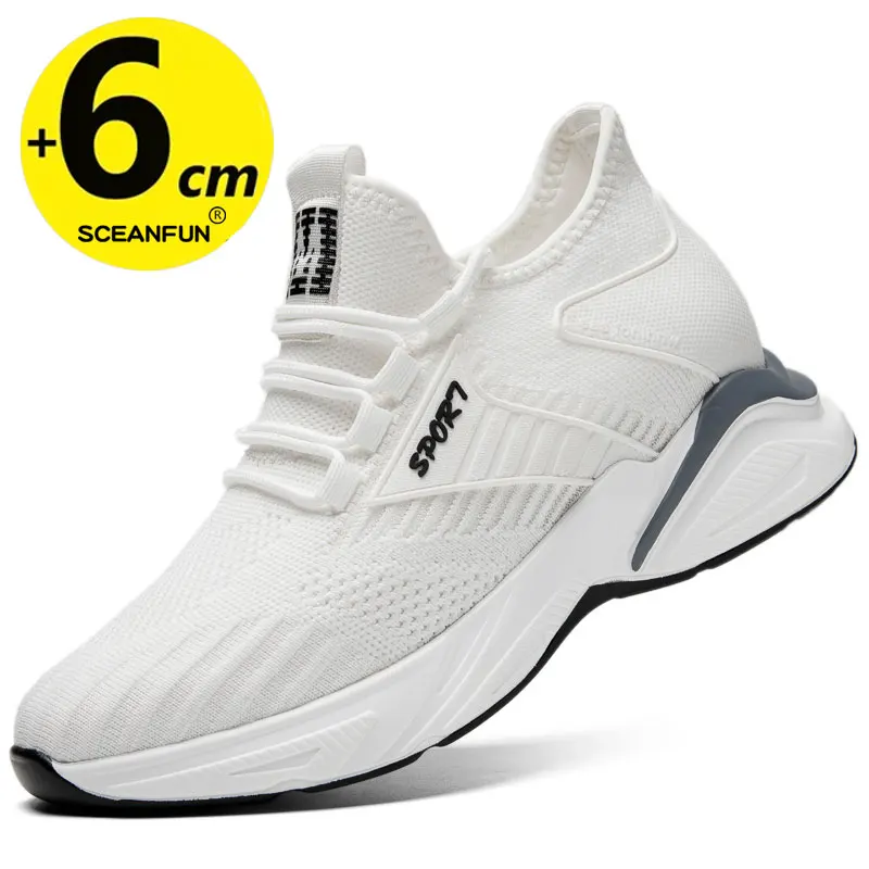 New height increasing shoes for men 6cm invisible elevator sneakers White leathe sport zapatillas de Hombre lift height