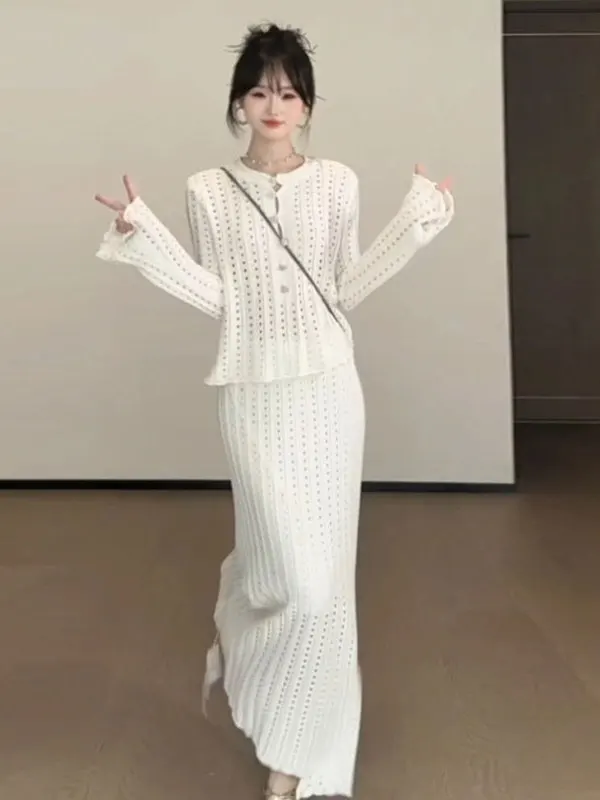 

Laid-back Knitted Hollow out Top And Skirt Set Comfortable Loose Style Long Sleeve round Neck Cotton Blend Autumn Fashion