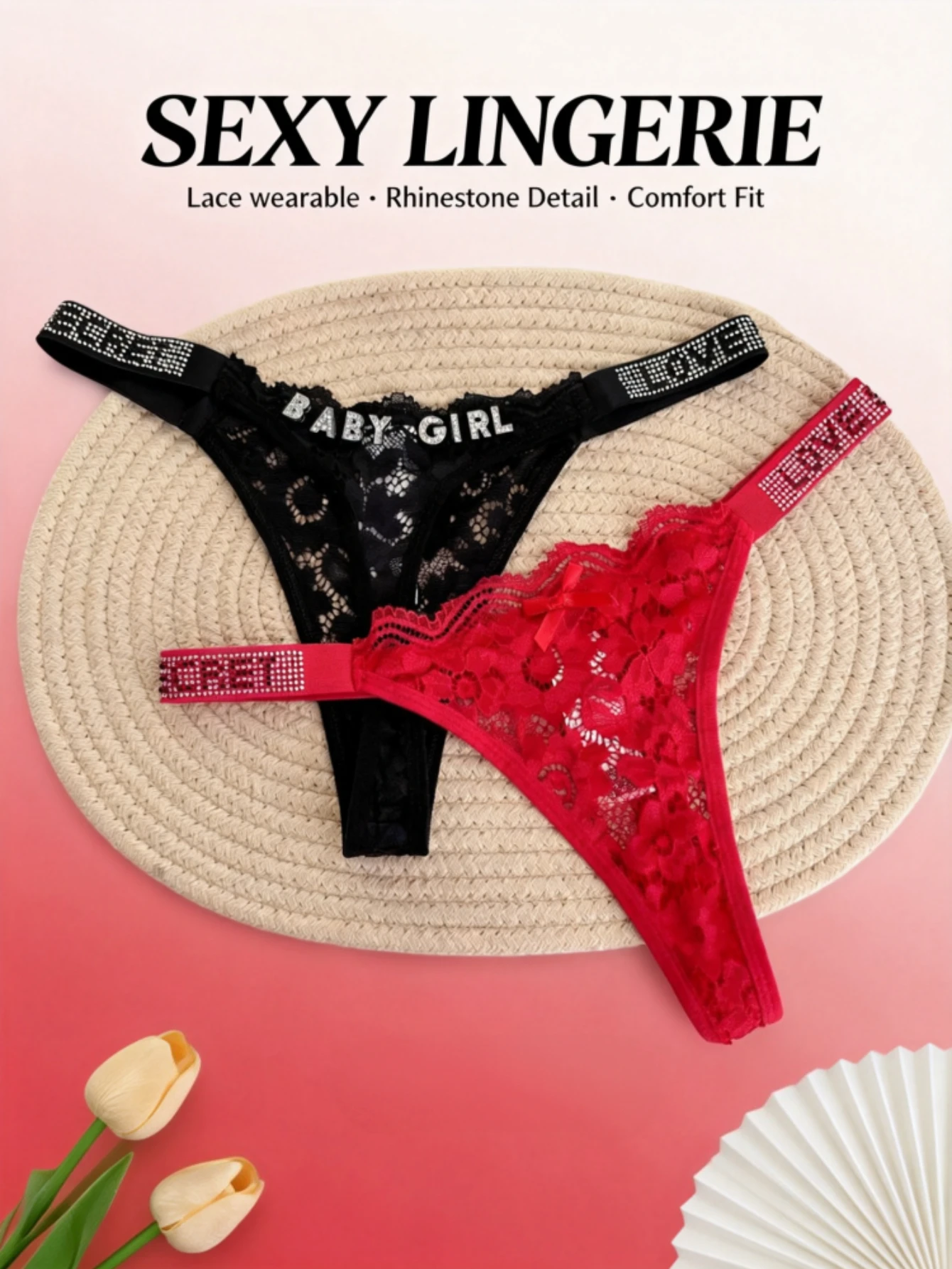 Custom Rhinestone Letter Name Thong Sexy Lace Panties Low-Rise Crystal Letter G-string Personalized Gift Wife Lover Anniversary
