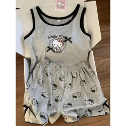 Sanrio Miniso Hellokitty Casual Pajamas Suit Sleeveless Pad Tops Shorts 2 Piece Sets Girls Bowknots Grey Sleepwear Women Clothes