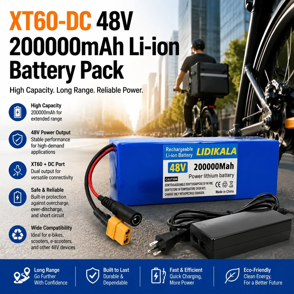 Batteria ricaricabile agli ioni di litio 48V 200000mAh 13S3P con protezione BMS + caricabatterie 48V, connettore XT60 + DC per e-bike, e-scooter, accumulo di energia solare