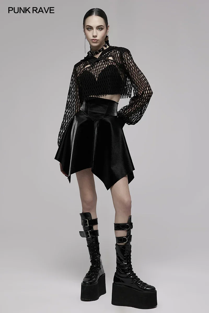 PUNK RAVE Women\'s Gothic Short Hollow Mesh Chinese Style Long Sleeve Sweatshirt Hooded Fashion Black Tops Spring/Autumn
