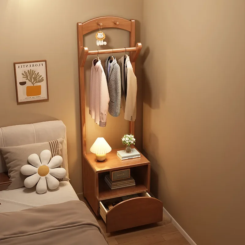 All solid wood coat rack bedside table integrated shelf floor-to-ceiling bedroom household hanger bedside clothes storage rack
