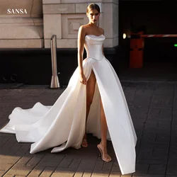 Sansa White Satin Strapless A-line Prom Dresses Side High Split vestidos de noche Elegant Floor-length Long Train Formal Evening