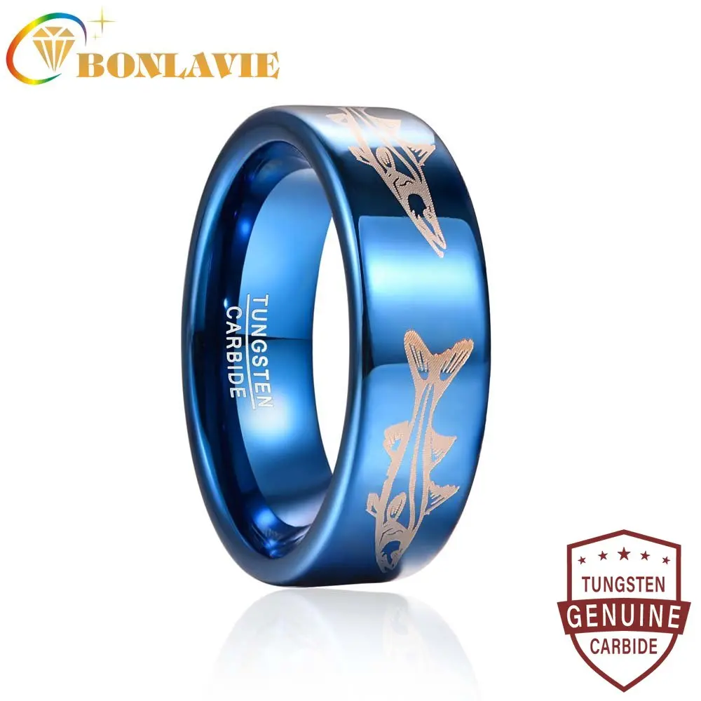 BONLAVIE 8mm Electroplating Blue Laser Fish Pattern Tungsten Steel Ring For Men Carbide Engagement Band Size 7 to 12