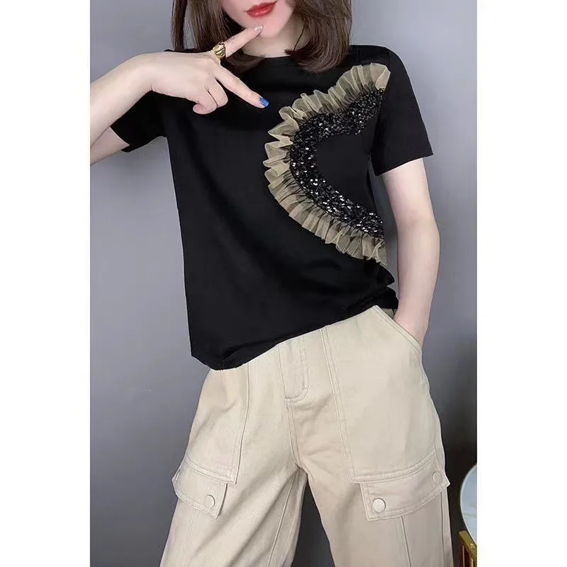 Women's Plus Size Fashion Simple Design Spliced Sequin Tulle Short Sleeve Round Neck Fitted T-Shirt for Spring and Summer