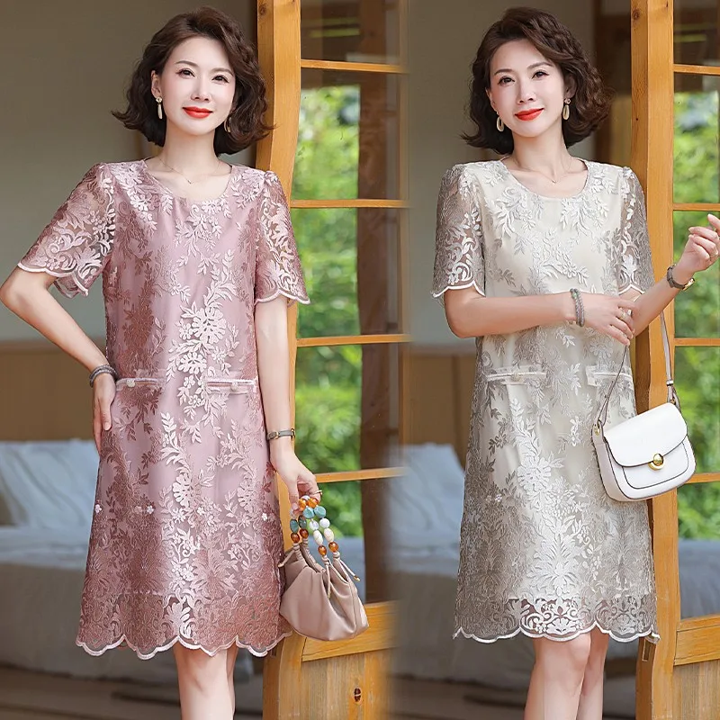 

Summer Casual A-line Dress For Women Puff Sleeves Hollow Out Design Mid Length Solid Color Dresses 2024 New Clothing