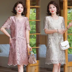 Summer Casual A-line Dress For Women Puff Sleeves Hollow Out Design Mid Length Solid Color Dresses 2024 New Clothing