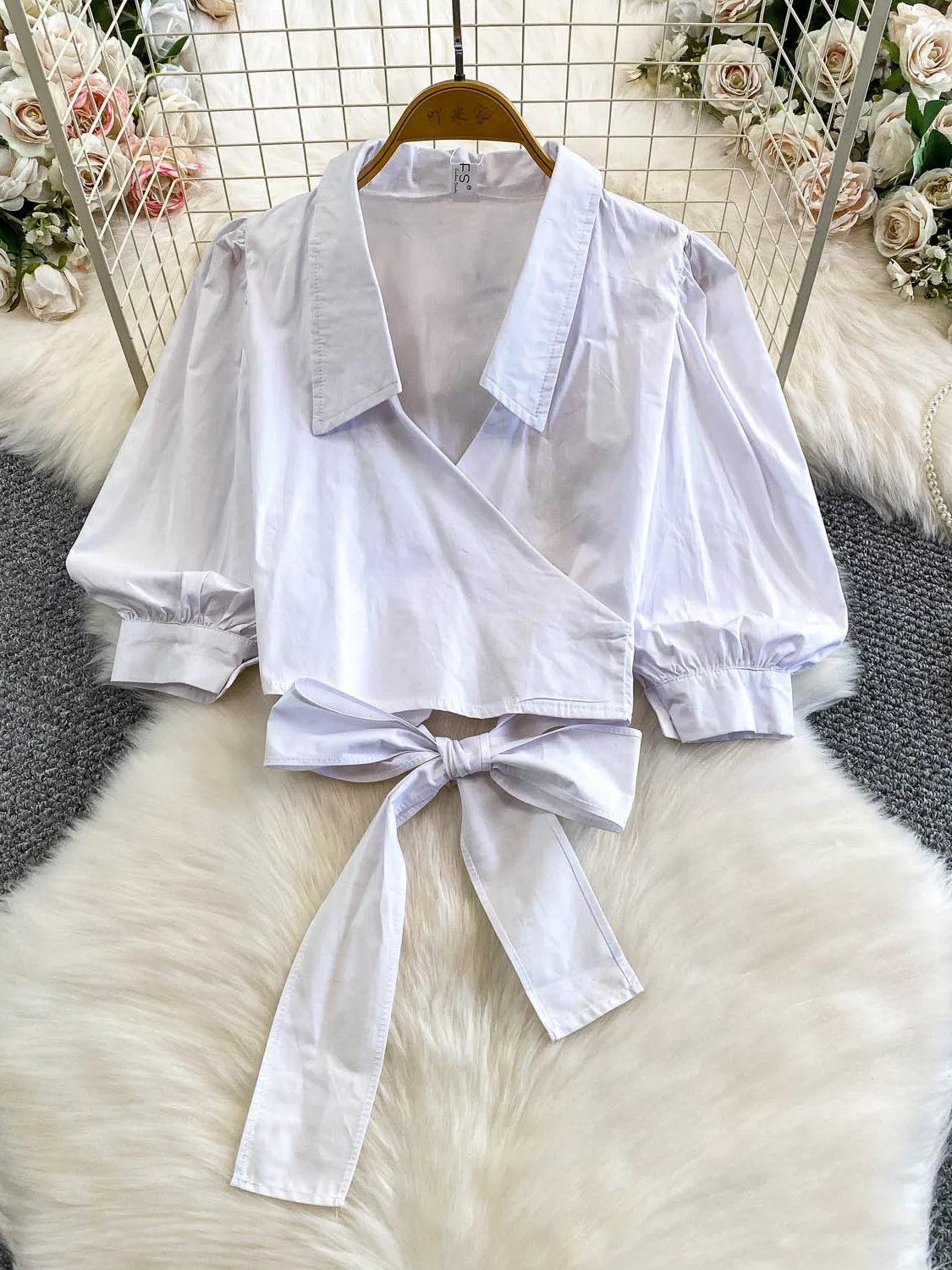 

Ele Cross Collar Lantern Sve irt Women's Autumn Winter Korean Sle Hong Kong Sle INS Tie Waist ort Top