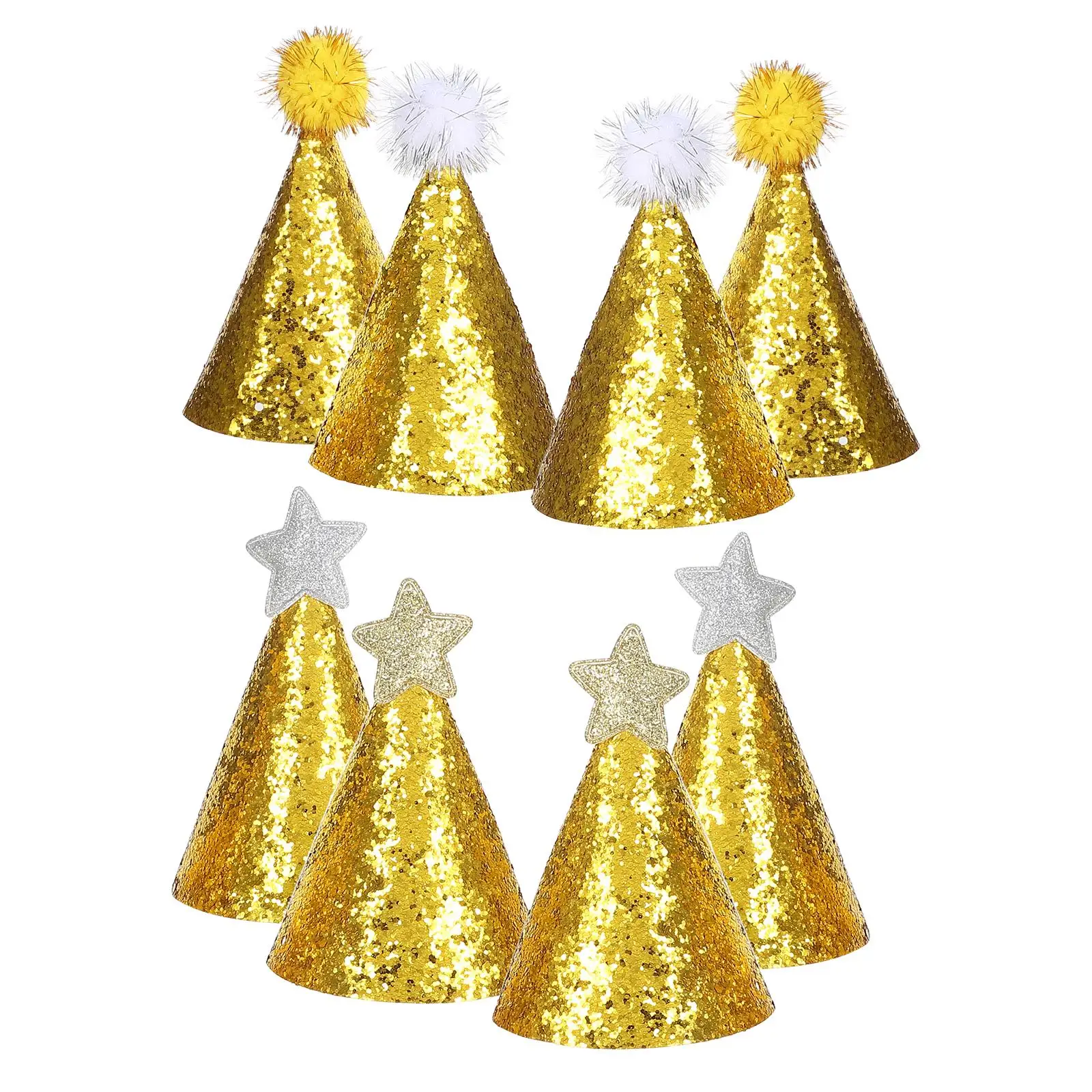 8 Pcs Hat Shiny Crown Cap Kids Party Decorative Rubber Band Birthday Party Hats For Kids Hats Golden Silver Stars