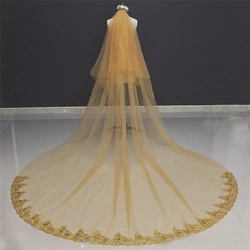 Velo de novia dorado con patrón de encaje, velos de catedral, apliques de una capa con peine, 300cm de largo, 300cm de ancho, velo de novia de gran tamaño