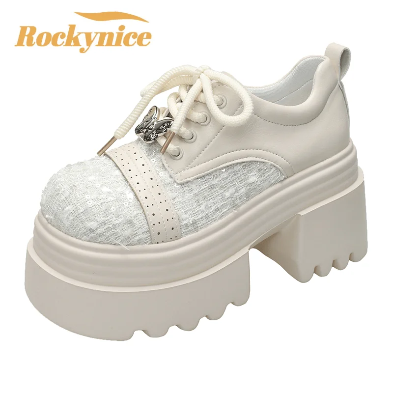 

9.5CM Spring Women Bling High Heels New 2025 Platform Casual Walking Shoes Non-slip Wedges Leather Chunky Sneakers Lace-up Pumps