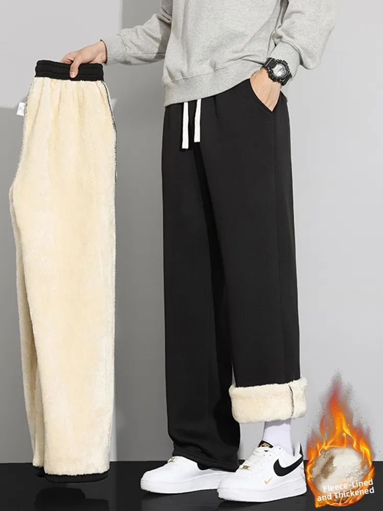 

Lamb Velvet Fce Lined Casual Straight Leg Cotton Pants Men's Autumn Winter Warm Comfortable Leisure Long Trousers