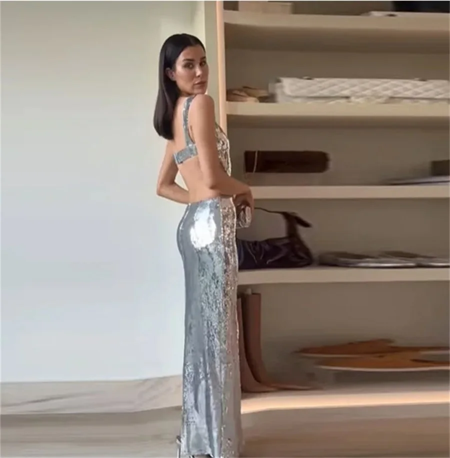 Silver Sequins Mermaid Women Prom Dress Glitter Sexy Backless Sleeveless Strap Skirt Sheath Formal Birthday Evening Gown