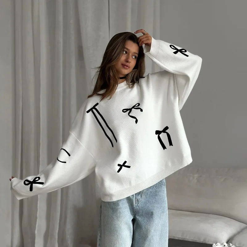 

Premium bow-printed sweater loose and lazy women's autumn new fashionable can be worn outside casual style knitted sweater women