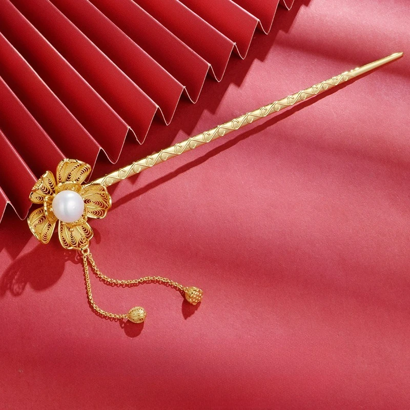 

Шпилька для волос из стерлингового серебра 925 пробы с пресноводным жемчугом и филигранной стручкой лотоса - винтажный аксессуар для волос с бахромой в китайском стиле для женщин