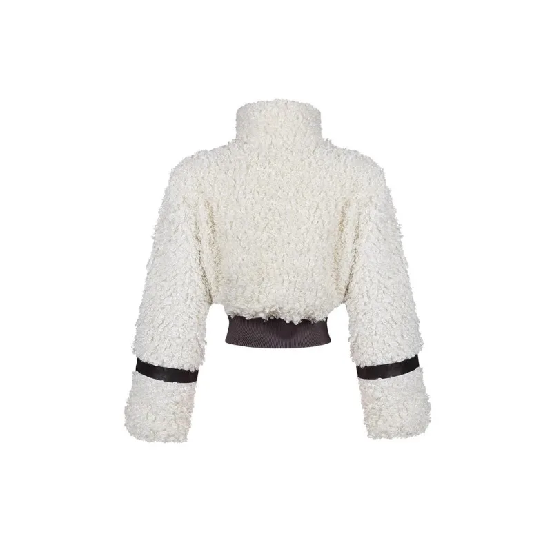 2025 الخريف الشتاء خمر الفراء المرقعة بولي Leather الجلود معاطف قصيرة النساء رفض طوق كم كامل سليم عادية تنوعا سترة