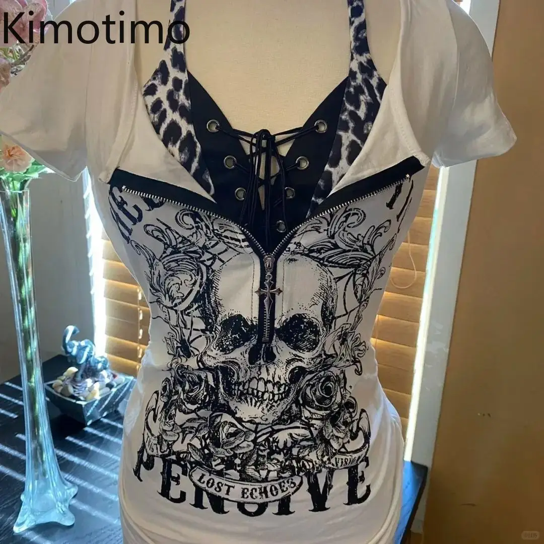 

Kimotimo, лоскутные футболки с леопардовым принтом и черепом в стиле панк, женские винтажные облегающие футболки с короткими рукавами, пикантные топы для девочек Y2k, готические топы