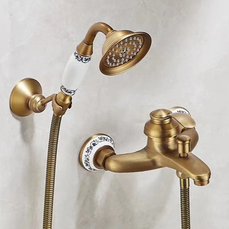 Antique Brass simple shower set without overhead spray handheld shower head household into the wall bathtub faucet