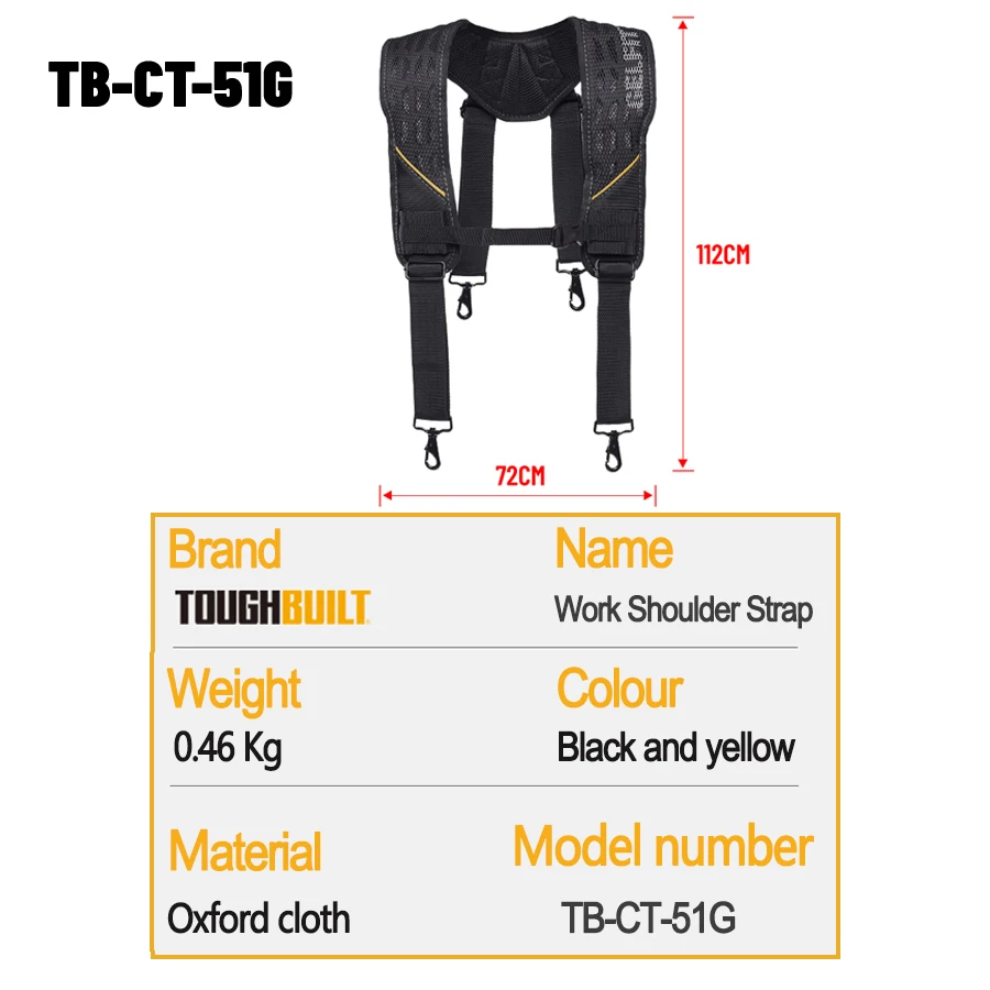 ToughBuilt TB-CT-51G Constrcution Tool Belt Suspenders for Work Belt Padded Suspenders Comfortable Foam Shoulder Padder