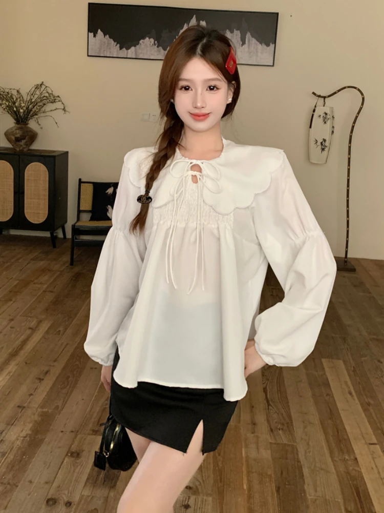 T-shirts Women Korean Style Vintage Hotsweet Pater Pan Collar All-match Fashion Aesthetic Long Sleeve Tops College Spring Summer