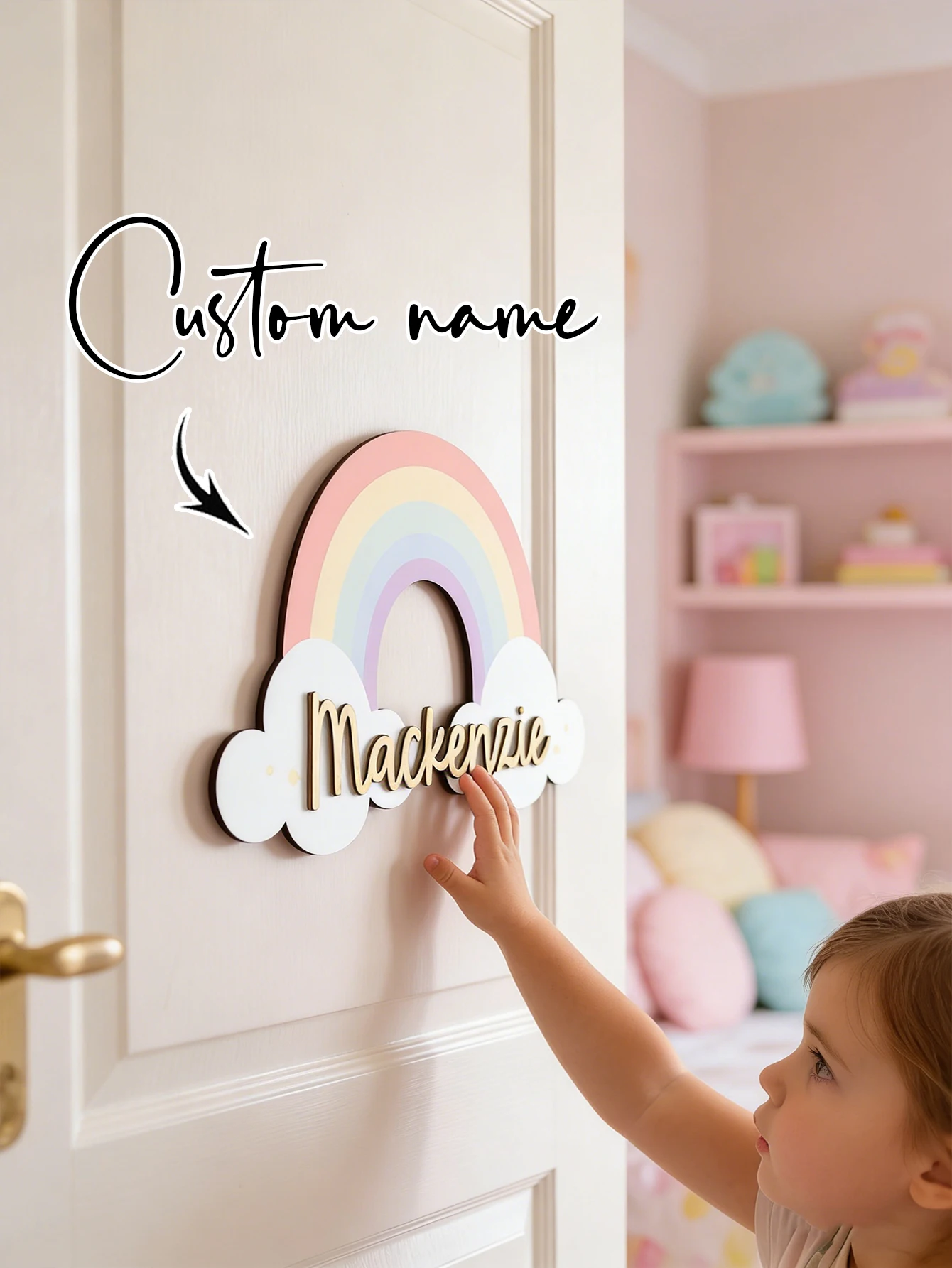 Custom Pastel Rainbow Cloud Wooden Name Sign Personalized Gold Script Name Plaque Girls Boho Nursery Wall Decor Newborn Shower