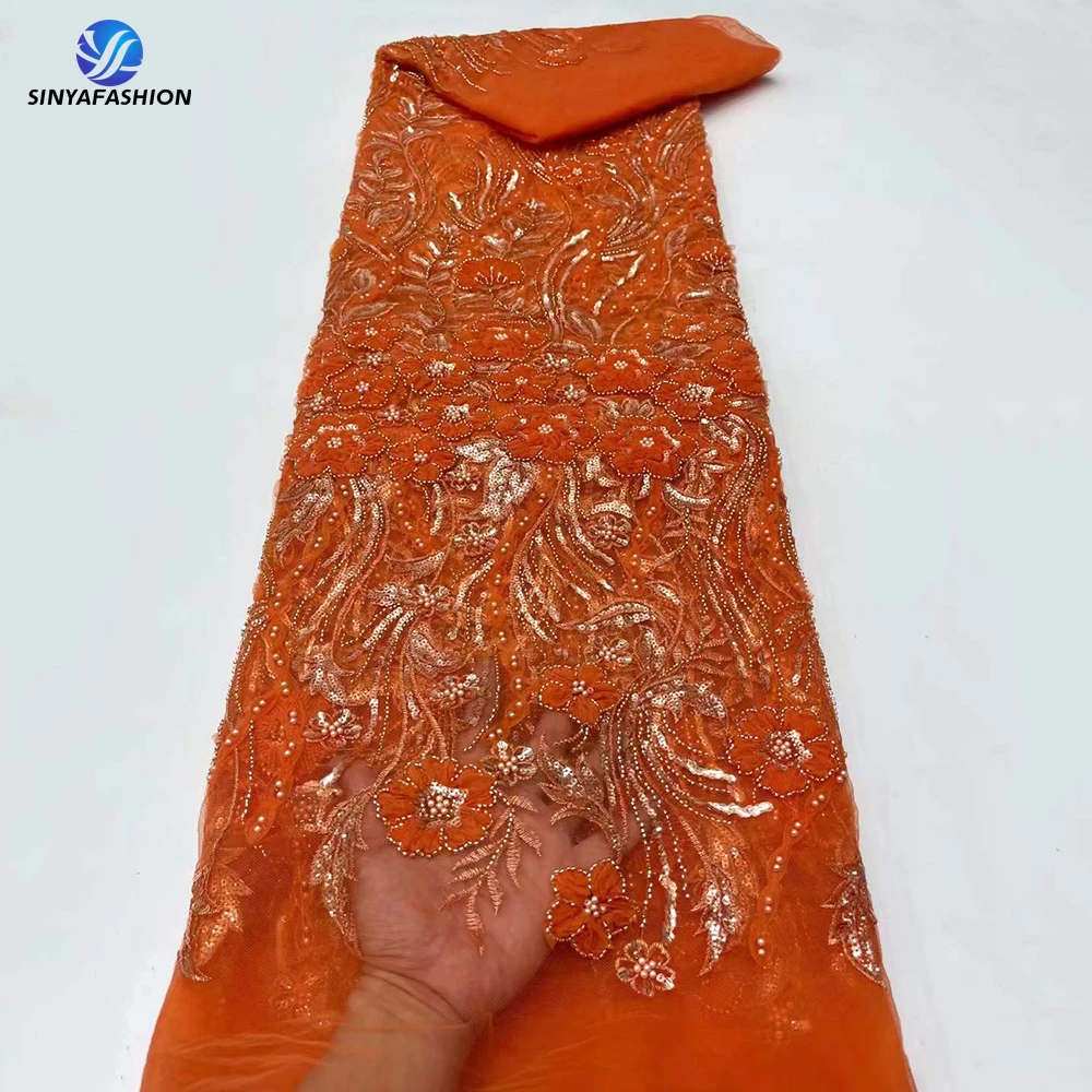 

Sinya Orange Sequins Pearls Beads African Flower Foral 3D Lace Fabric High Quality Luxury Beaded Lace Embroidery Bridal Fabrics