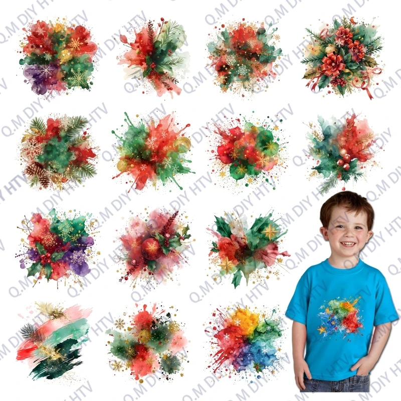 15cm Christmas Bell bow Color Splash Ink Smoke Fashion Stickers DIY Vinyl Heat Transfer Stickers Hot Stamping Printing Washable