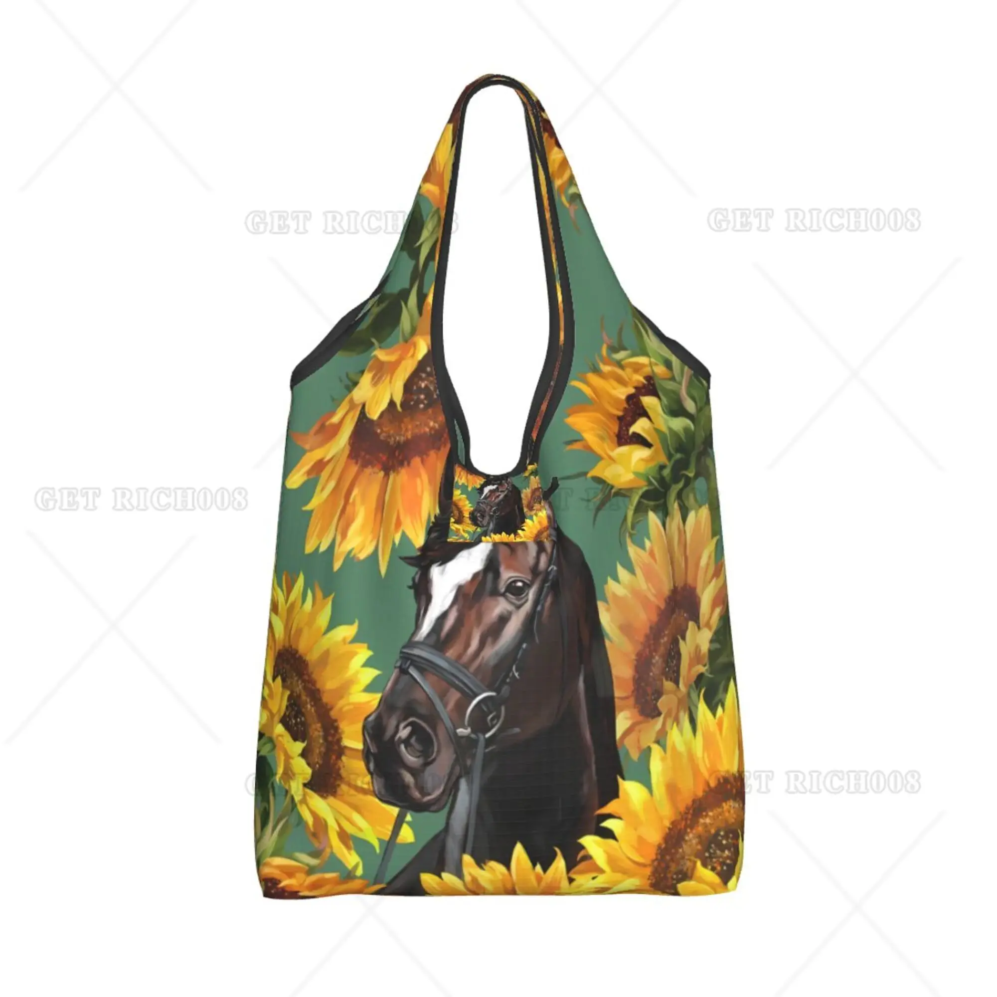 Sunflowers and Horse Foldable Shopper Bags Supermarket Bag for Men Women Girls Waterproof Polyester Printing Pattern One Size